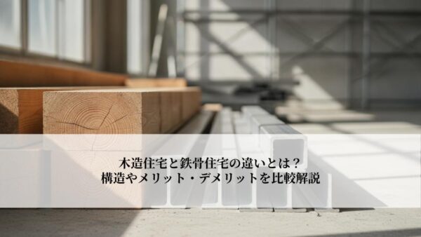 木材が並ぶ建設現場に、木造住宅と鉄骨住宅の違いを比較解説する記事タイトルが重なるサムネイル風画像